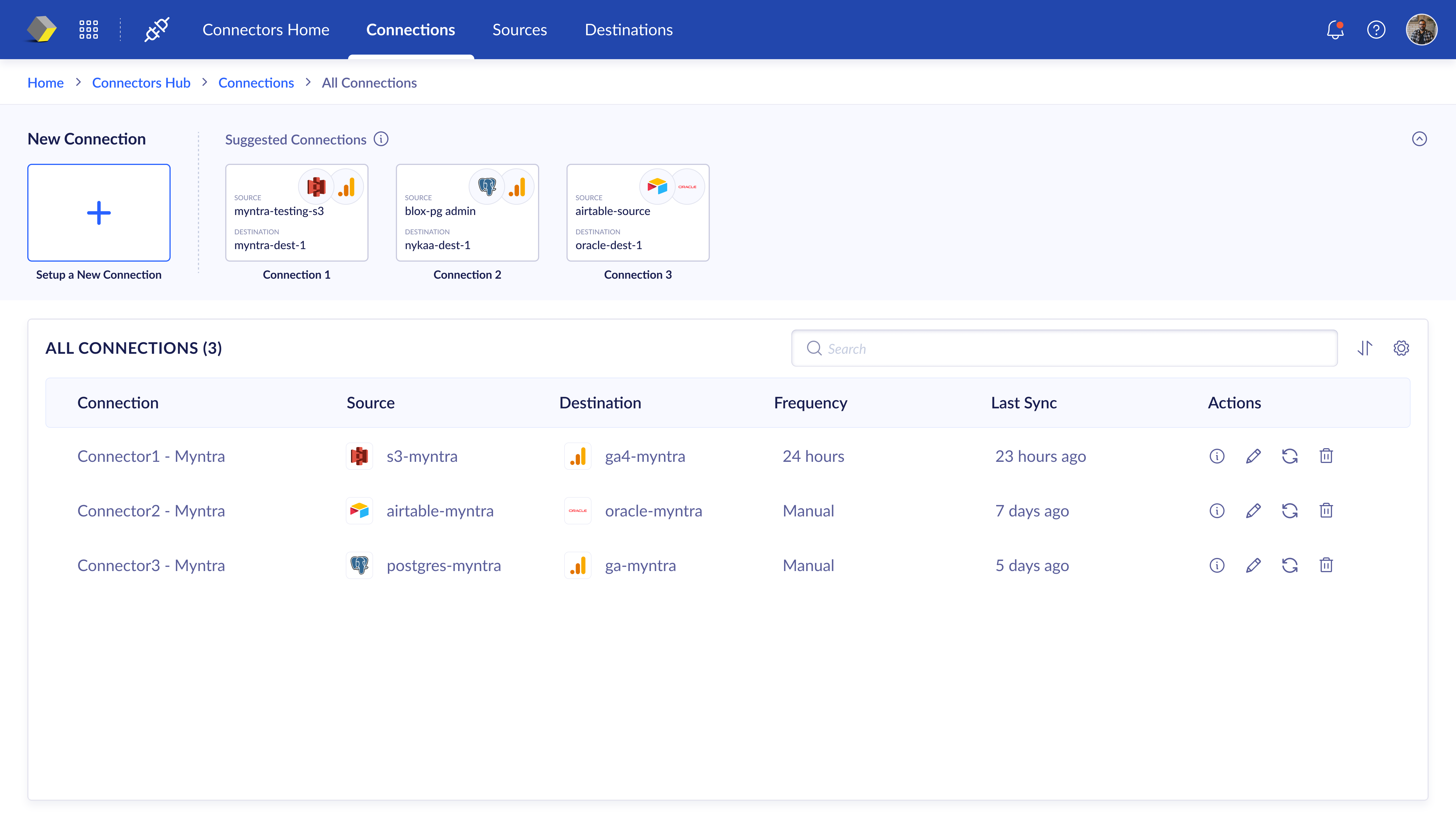 Connectors Hub interface showing suggested connections and an all connections table