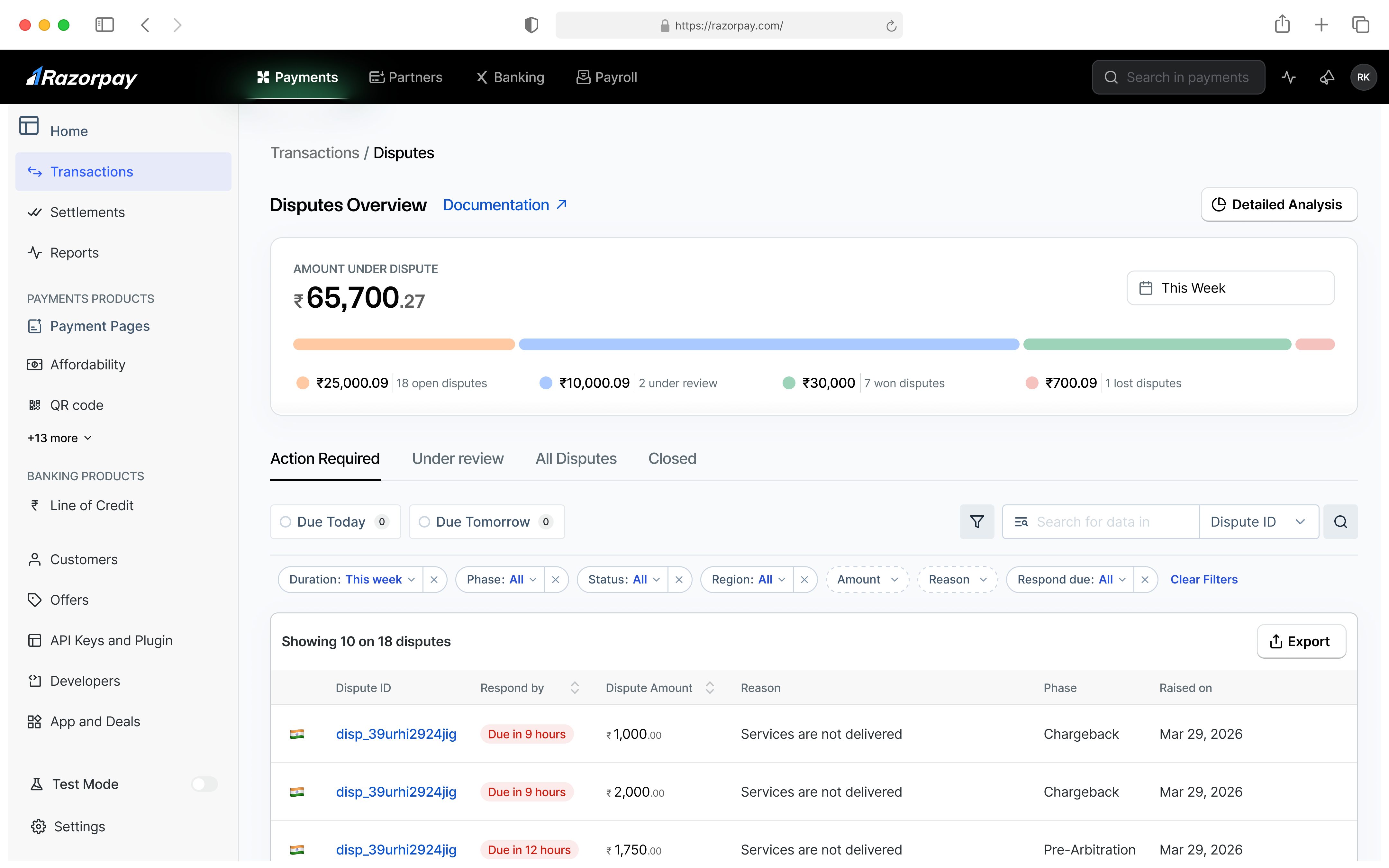 Disputes dashboard showing open cases, response deadlines, filters, and the dispute list